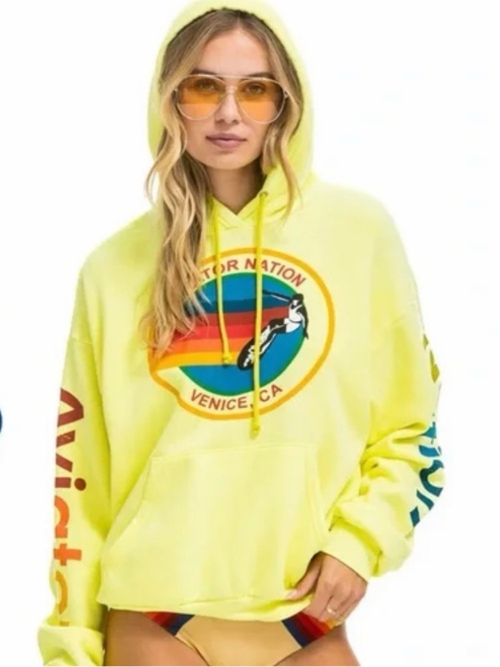 Aviator Nation Neon Yellow Venice CA Pullover Hoodie with Rainbow Logo